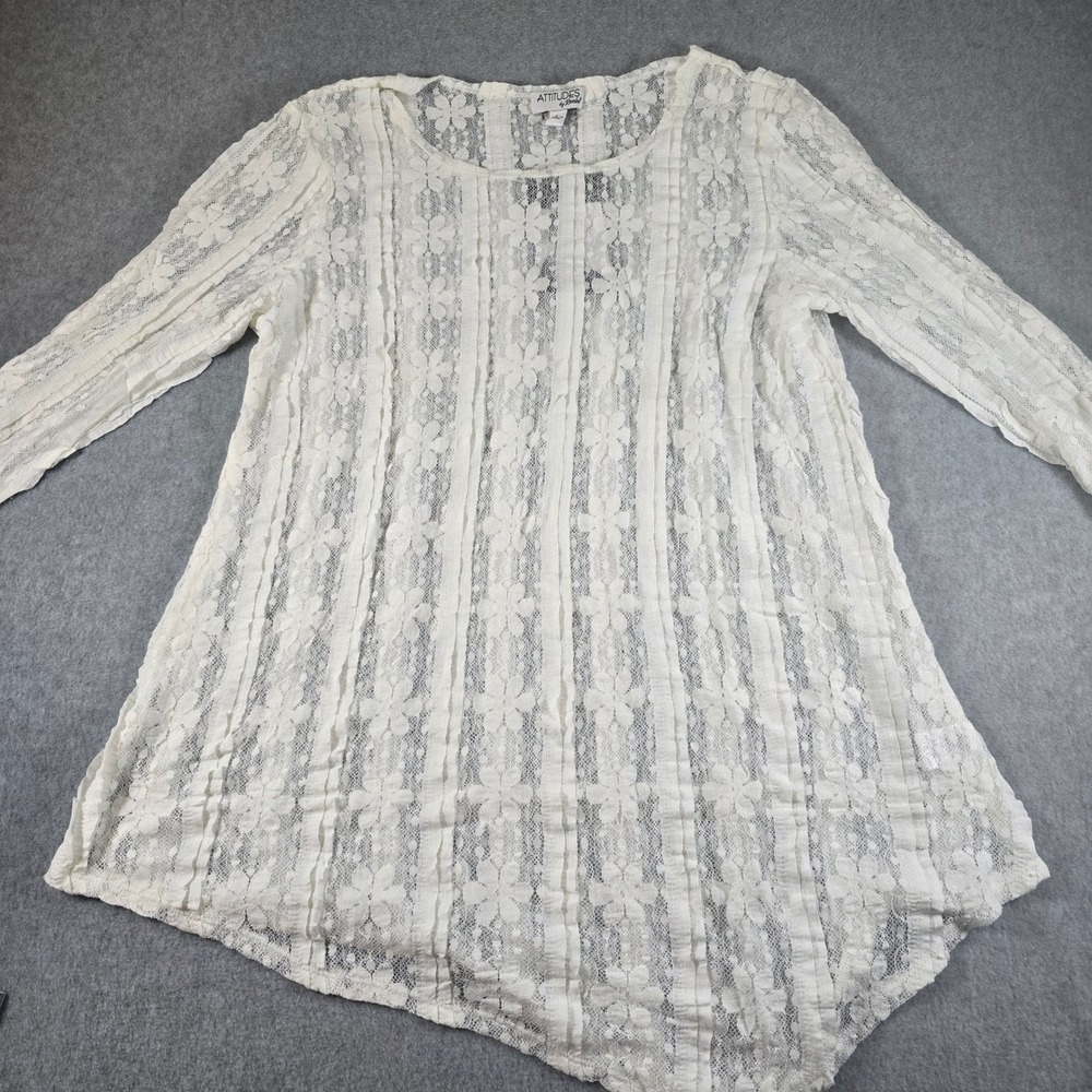 ATTITUDES by Renee White Lace Sheer Bell Sleeve Tunic Top Women's Size L whimsy - Picture 8 of 13